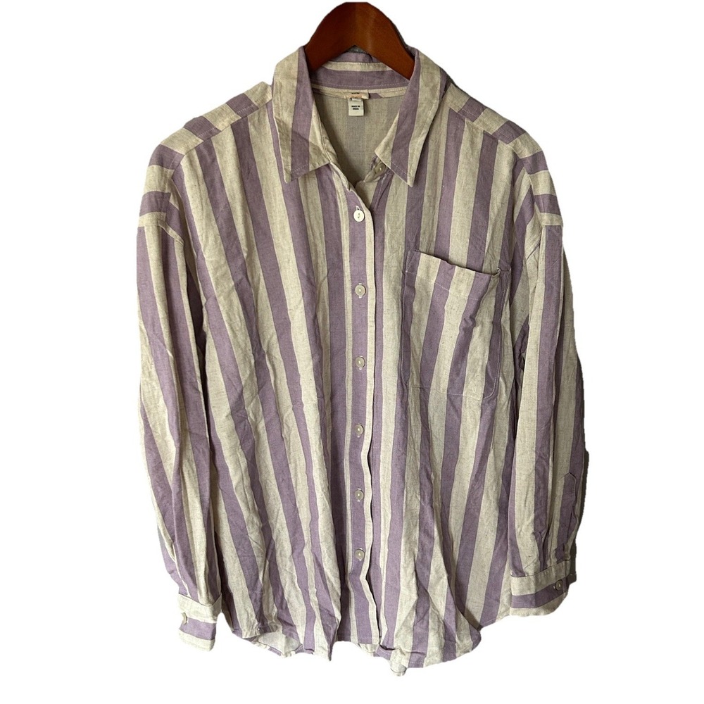 River Island Striped Long Sleeve Linen Blend Button Down Shirt Lavender Size M